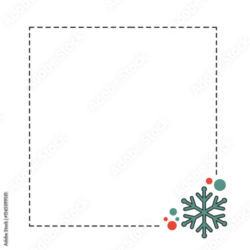 Square dashed border with a teal snowflake and festive dots in red and teal in the lower right corner on white background, suitable for winter holiday designs with copy space