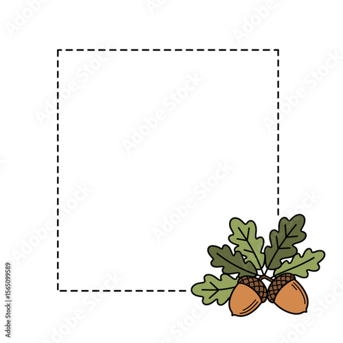 Square dashed border with two brown acorns and green oak leaves in the lower right corner on white background, suitable for autumn or nature-themed visuals with copy space