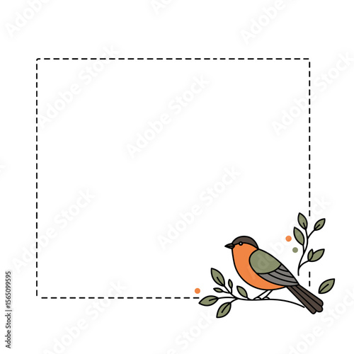 Square dotted frame with orange-bellied bird, grey-green back and head sitting on branch with leaves in lower right corner on white background with space for text