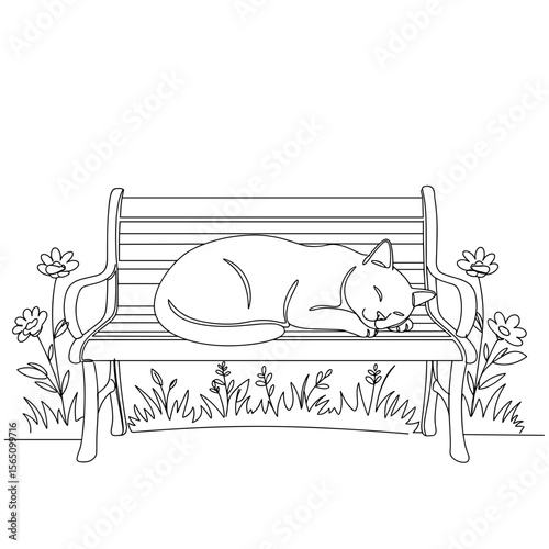 Cat sleeping peacefully on a bench surrounded by flowers  
