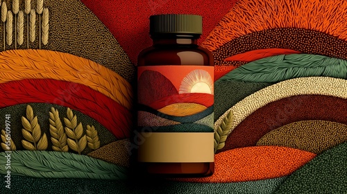 Apothecary Artistry Bottle: Sunset landscape label on crop-pattern backdrop with ivory sub-tag. For herbal supplement packaging, wellness brand refresh, or pharmaceutical cosmetics conveying natural h