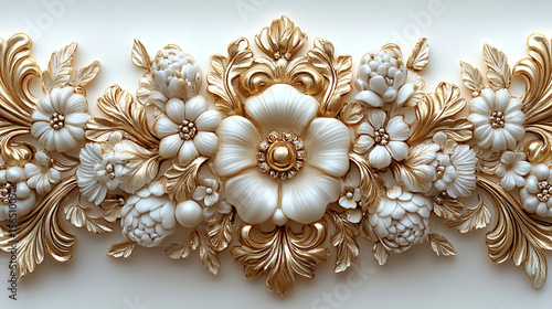 3D floral wall decor, gold & white flowers, ornate background, interior design