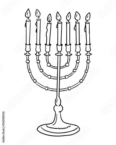 Hand drawn black and white menorah with seven lit candles isolated on white background. This vector represents Jewish tradition, celebration and spiritual light.