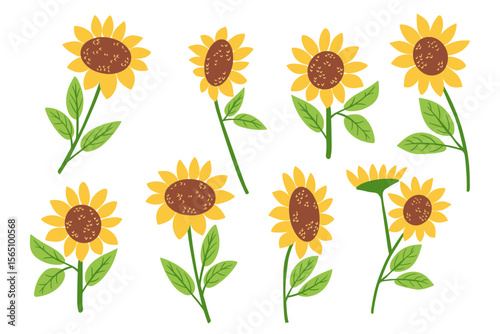 Hand drawn set of bright yellow sunflowers with green leaves in different positions on white background. This vector symbolizes summer warmth, happiness and natural beauty.