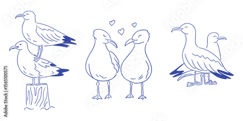 Hand drawn set of funny seagull doodles in different cute poses isolated on white background. This vector represents playful seaside vibes and humorous bird characters.