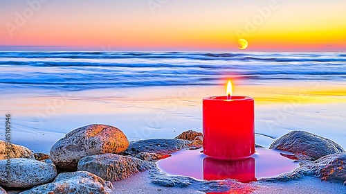 A soft pool of red light surrounds a candle drifting alone as the reflection of the moon dances across water