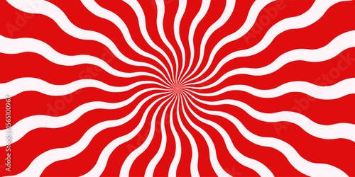Red and white wavy sunburst background. Abstract hypnotic radial pattern with curved stripes. Optical illusion design, perfect for retro, psychedelic, or pop art themes. Christmas candy vector poster