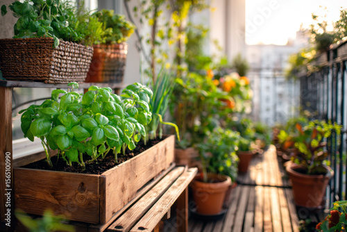 Fototapeta Naklejka Na Ścianę i Meble -  photo of a cozy balcony in big city, growing vegetables and herbs