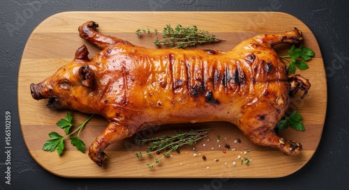 Roasted Suckling Pig on Wooden Board - Delicious roasted suckling pig served on a rustic wooden board, garnished with fresh herbs. Perfect for a festive meal