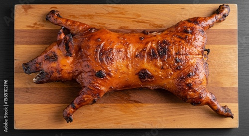 Roasted Suckling Pig on Wooden Board - Golden-brown, crispy-skinned suckling pig, barbequed to perfection, rests on a rustic wooden board.