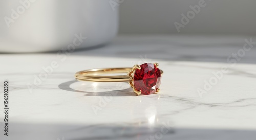 Round Cut Ruby Gold Ring on Marble - Elegant round cut ruby gemstone ring in gold setting, rests on marble. Symbolizing love, luxury, passion, commitment, and preciousness