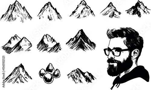 Hand drawn mountains and a bearded man with glasses isolated on white background