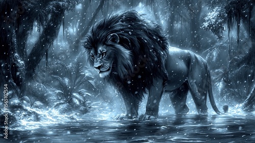 Majestic lion in a wintery jungle