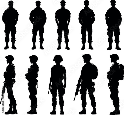 Silhouettes of soldiers standing in various poses isolated on white background