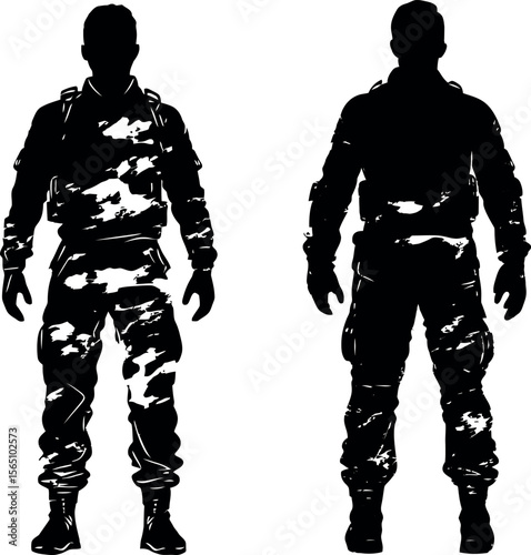 Two soldiers stand in silhouette, isolated on white background, wearing camouflage uniforms