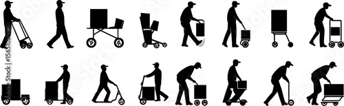 Silhouettes of men transporting boxes with carts and scooters isolated on white background