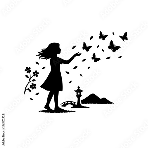 Girl Releasing Butterflies into the Wind – Poetic Black and White Silhouette Vector