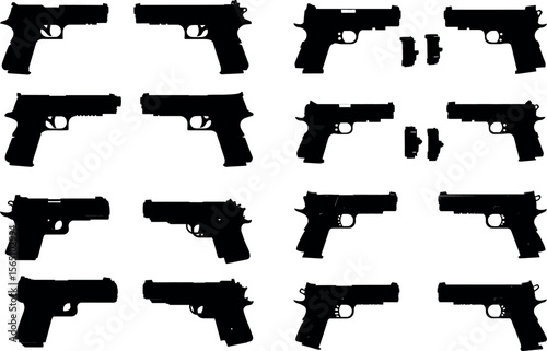 Collection of handgun and pistol silhouettes for security and defense isolated on white background