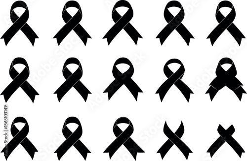 A collection of black awareness ribbons isolated on white background in silhouette