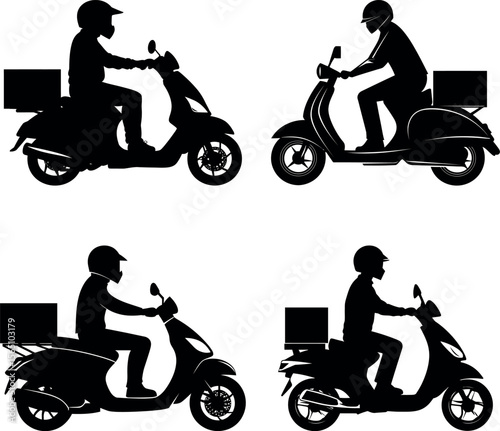 A set of delivery scooters with riders isolated on white background in silhouette