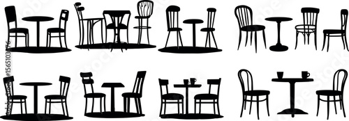 Silhouettes of tables and chairs for cafe and restaurant isolated on white background
