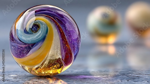 Handmade glass blown marble colorful swirl center centered on clean reflective surface with soft glow