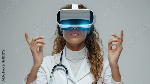 Female Doctor Using VR Glasses in Clinical Setting for Patient Care Innovations