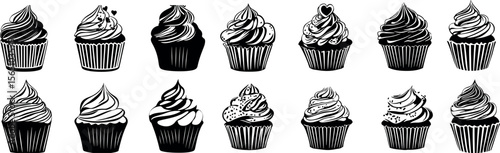 A collection of cupcake illustrations isolated on white background in black and white