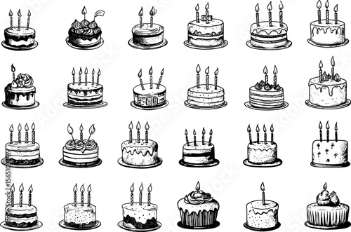 A variety of handdrawn cakes with candles isolated on white background