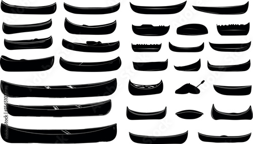 A set of handdrawn canoe and kayak silhouettes isolated on white background