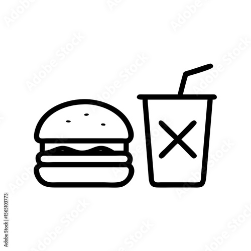 No fast food and soda icon, crossed sign to indicate ban or restriction on unhealthy meals and drinks