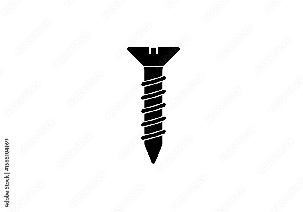 A single black screw with a flat head and visible threads isolated on a white background simple graphic A single black screw with a flat head and visible threads isolated on a white background simple graphic
