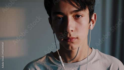 A teenager with wired headphones sits quietly, enjoying music in a softly lit space. The atmosphere is calm with shadows creating an intimate setting during the evening
