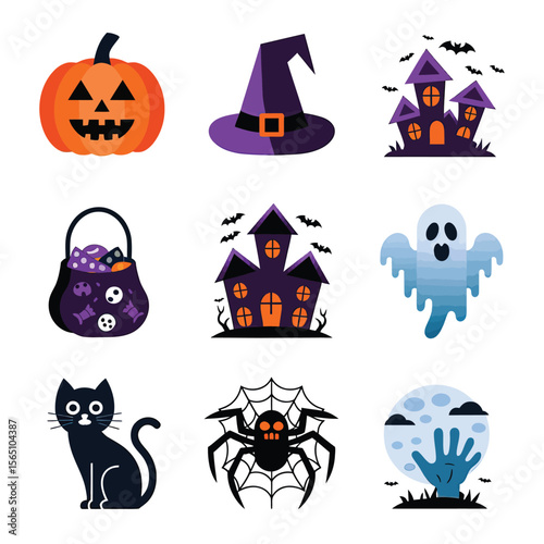2d vector illustration Halloween t shirt icon design items ghost character Candles in carved pumpkin
