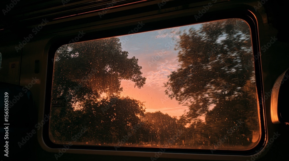 Naklejka premium Sunset View from Train Window with Passing Tree Silhouettes