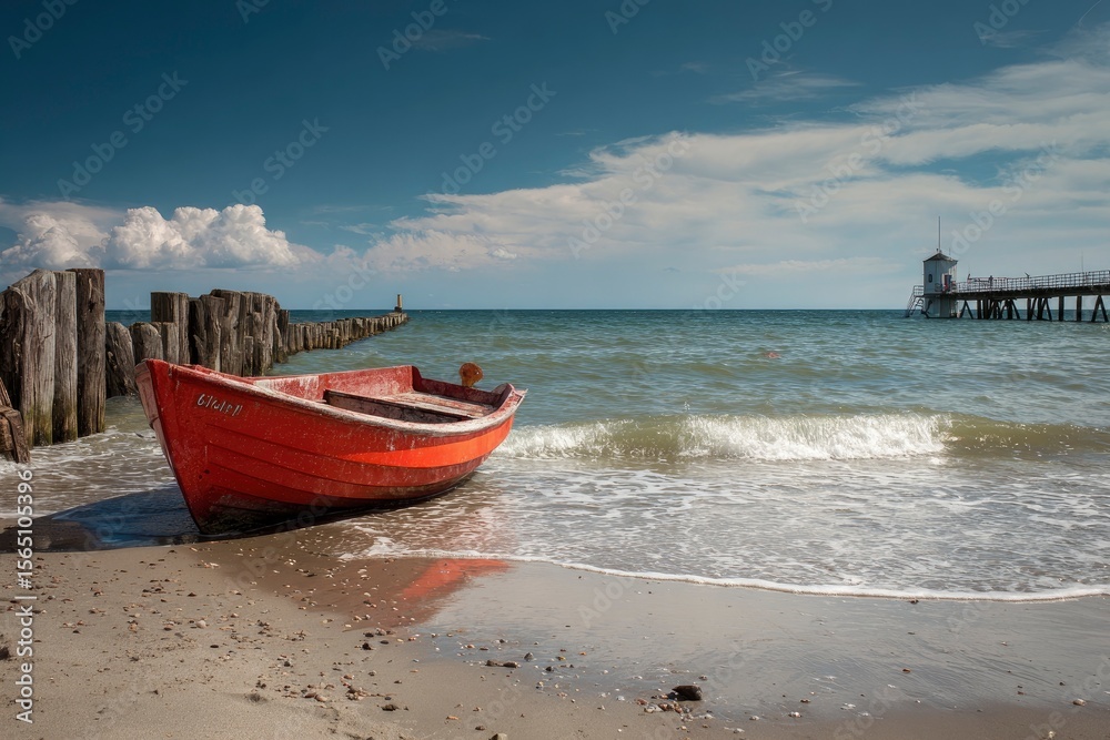 Fototapeta premium A red boat sits on a sandy beach beside wooden posts the sea stretches to a pier and tower under a partly cloudy sky
