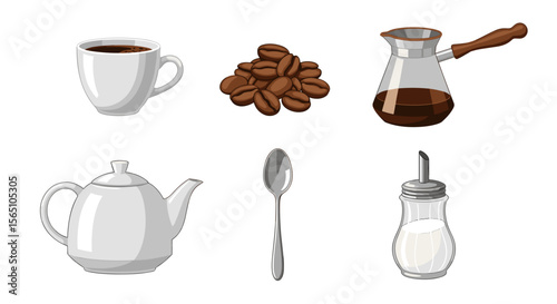 Illustration of coffee preparation items including a cup beans pot spoon and sugar dispenser on white