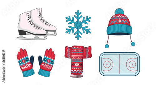 Illustration of winter themed items including ice skates snowflake hat mittens scarf and ice rink drawing