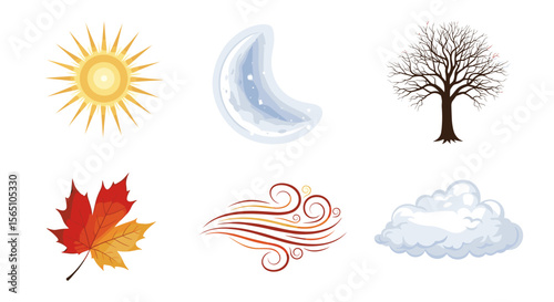 Seasonal elements featuring sun, hail, bare tree, maple leaf, wind swirls, and snow cloud icons