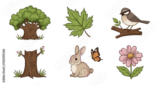 Illustration of a tree, leaf, bird on a branch, tree stump, rabbit, butterfly and a flower in nature