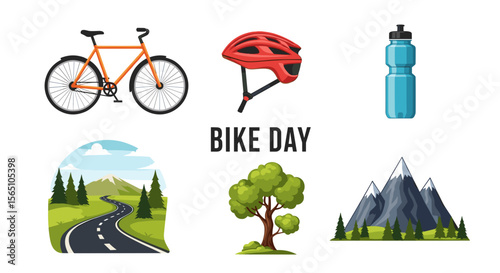 Illustration featuring a bicycle, helmet, water bottle, and scenic landscapes for a bike day event theme