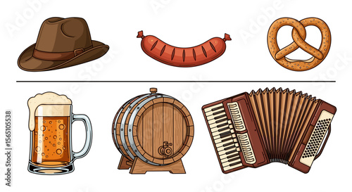 Illustration of a hat sausage pretzel beer barrel and accordion in a festive arrangement style image
