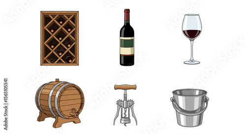 Illustration of wine rack, bottle, glass, barrel, corkscrew, and bucket on a white background