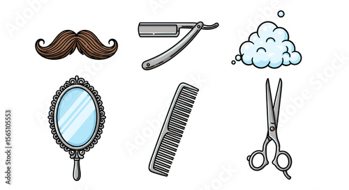 Illustration of barber shop tools including a mustache razor foam mirror comb and scissors neatly arranged