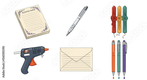 Illustration of stationery items including scented paper, pens, glue gun and wax seal sticks arranged neatly
