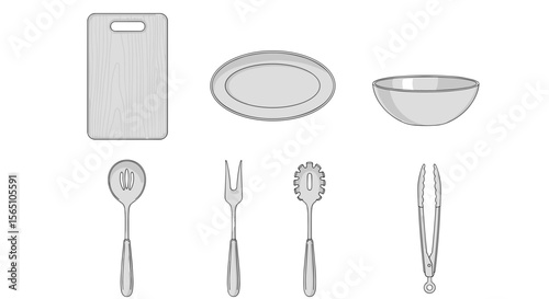 Illustration of kitchen utensils including a cutting board bowls and various serving tools arrayed neatly