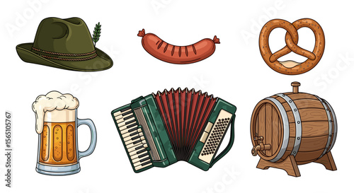 A collection of oktoberfest themed items including a hat sausage pretzel beer accordion and barrel object