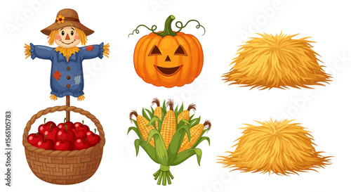 Illustration showing a scarecrow pumpkin basket of apples corn and haystacks for autumn harvest season
