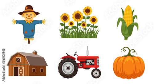 Illustration of a farm scene with a scarecrow sunflowers corn barn tractor and pumpkin patch icon