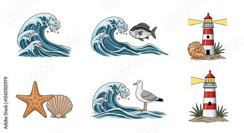 Illustrations of ocean waves, a fish, seagulls, seashells, starfish and red and white lighthouses